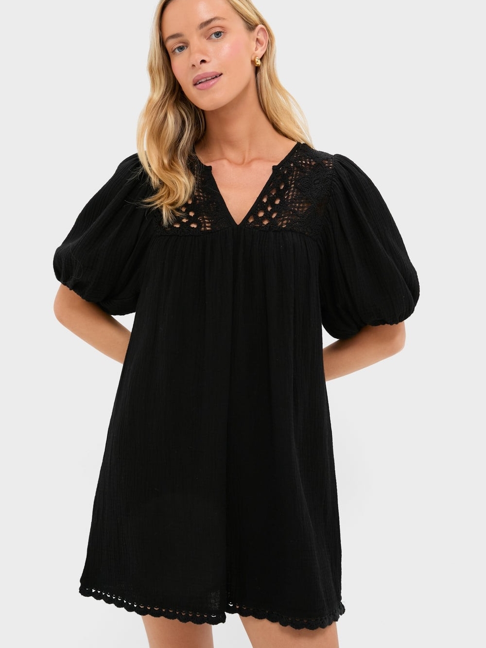Hyacinth House Diana Black Crochet Mini Dress XS Puff Sleeve Boho Cotton